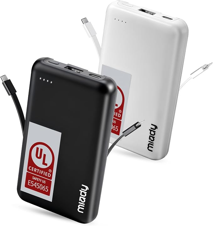 Miady UL Listed 2-Pack Small Portable Charger 5000mAh Power Bank for Travel | 18.5Wh丨Built-in 2 Cables丨3 Outputs 2 Inputs丨Compatible with iPhone Android etc丨Flight-Safe丨for Backpack Campingl丨Black+White by Miady