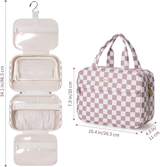 Narwey Hanging Toiletry Bag for Women Checkered Travel Makeup Bag Organizer Cosmetic Make up Toiletries Bag for Travel Essentials Accessories (Dusty Pink Checkerboard, Medium) - Image 5
