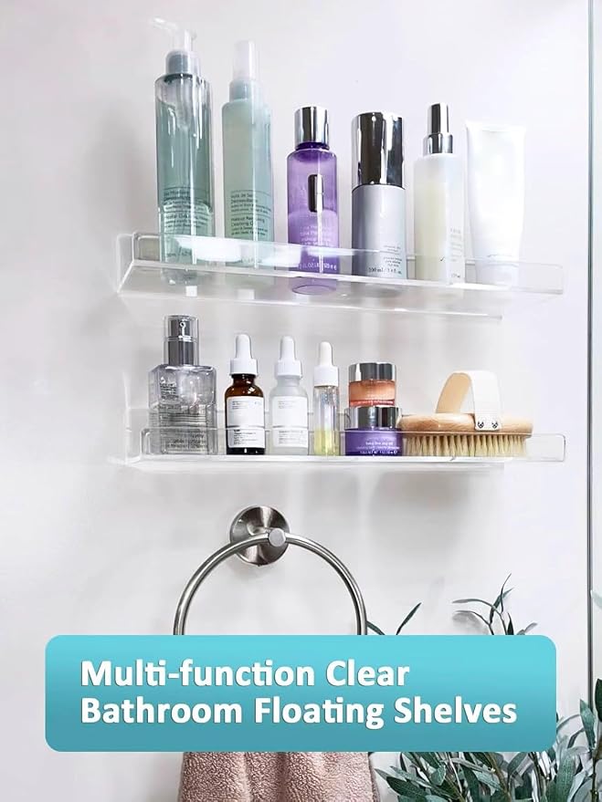 4 Pack Acrylic Shelves for Wall, 15 Inch Clear Adhesive Floating Shelf | Dual-Mount No Drill/Screw Waterproof Wall Shelf, Rustproof Storage Rack for Bathroom, Kitchen, Living Room, Bedroom - Image 4
