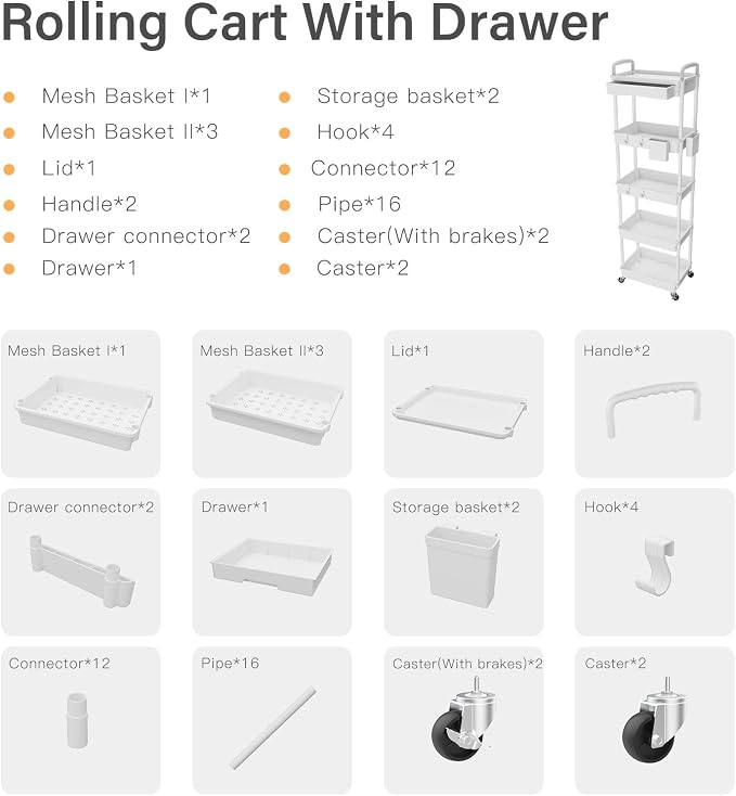 5 Tier Rolling Utility Cart with Drawer,REBECAT Utility Cart Made of Multifunctional Storage Organizer Tool for Kitchen,Bathroom,Living Room,Office(White) - Image 4