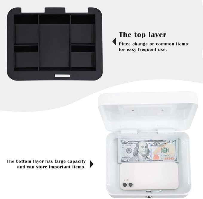 xydled Medium Cash Box with Lock, Removable Coin Tray, Steel Money Box, White - Image 4