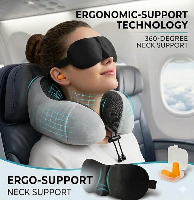 Airplane Travel Neck Pillow, 100% Memory Foam Ergonomic Neck Support, Airplanes Neck Pillow with Washable Cover Travel Essential for Flight & Office include Eye Mask, Earplugs & Carry Bag (Light Gray) - Image 4