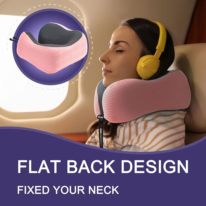 napfun Neck Pillow for Travel with Travel Pouch, Sleep Mask & Earplugs, Memory Foam Airplane Pillow for Headrest Sleep with Eyeshades, Plane Essentials with Eye Blindfold, Pink Striped Kit - Image 4