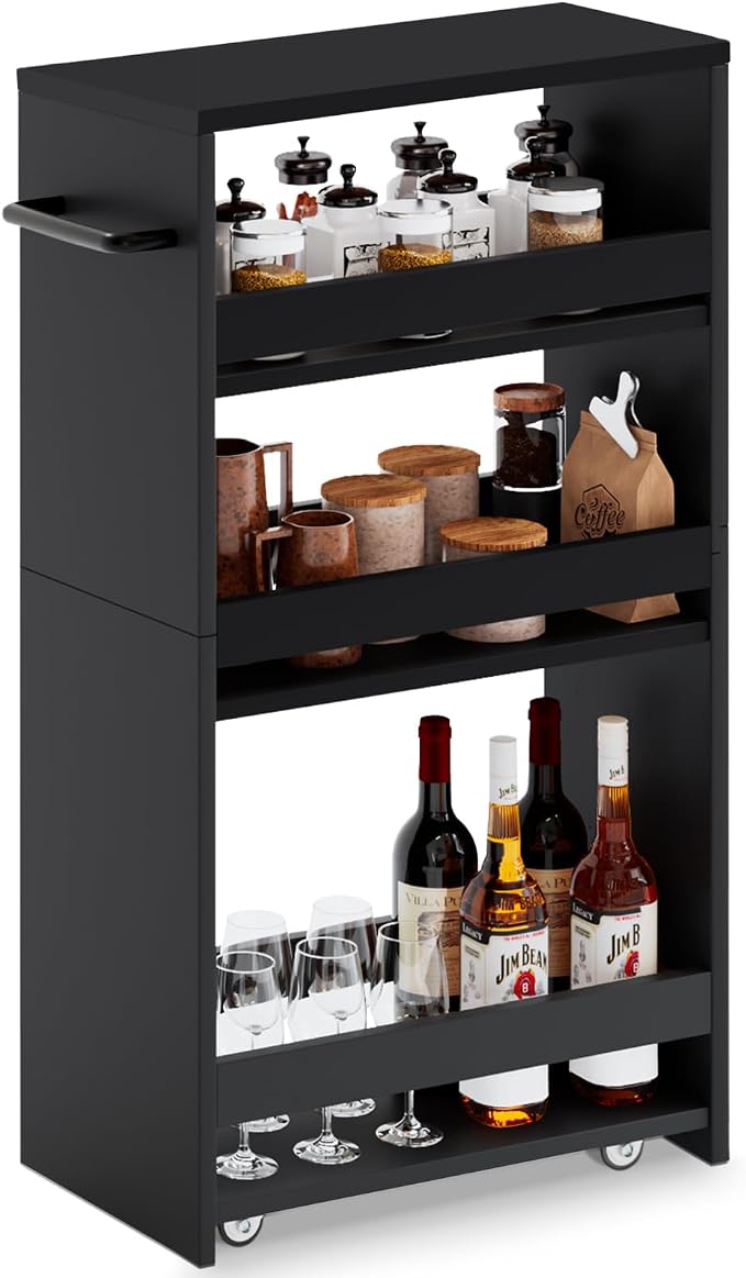 MARTY Slim Rolling Storage Cart, Wood Utility Kitchen Bathroom Laundry Cart | 4 Tier Kitchen Cart with Wheels Handle, Laundry Room Organization Between Washer and Dryer, Narrow Storage Cabinet, 8” Wide by MARTY