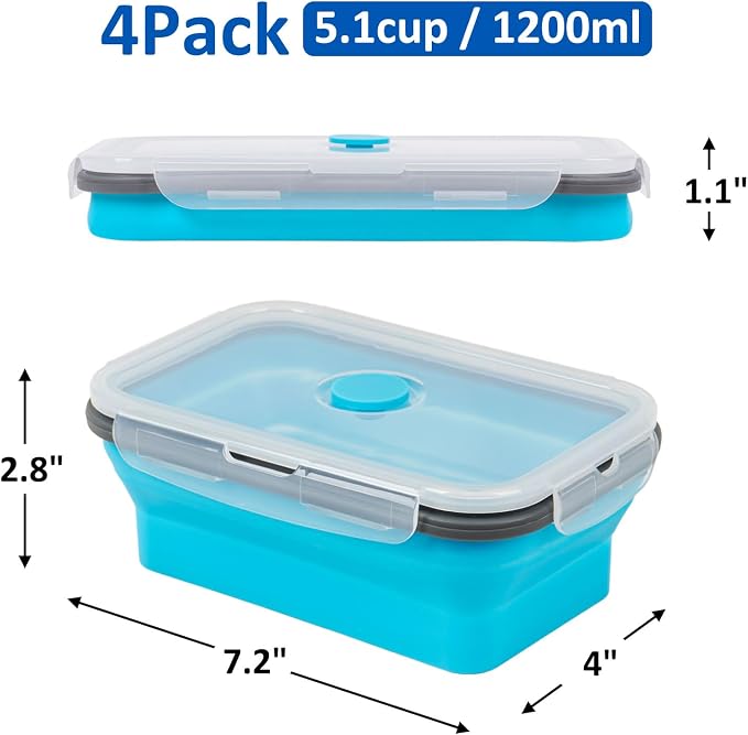 Collapsible Silicone Food Storage Containers Set with Lid & Air Vent,Foldable Lunch Containers(4PCS,Blue,40oz) - Image 8