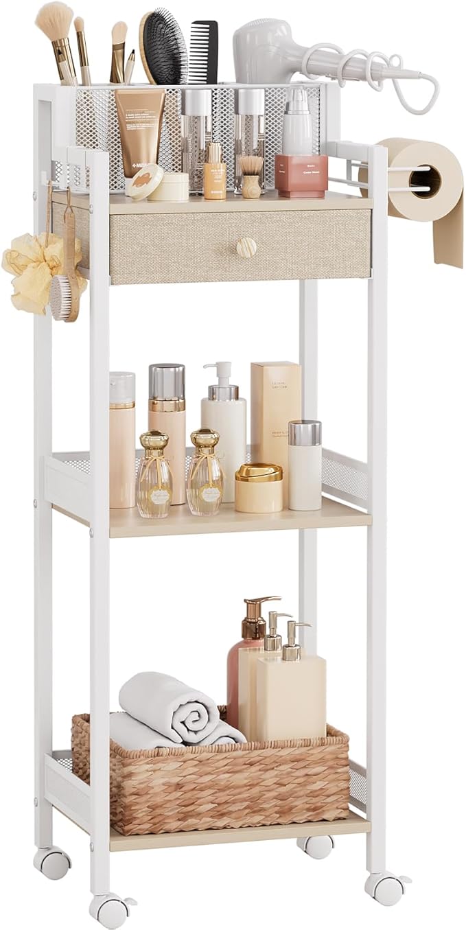 3 Tier Bathroom Organizer Shelf with Drawer, Rolling Makeup Cart | Large Make up Organizers, Cosmetics Display Cases for Hair Tool, Skincare, Kitchen, Bedroom, Laundry Room, Dorm, 12.8in by HomeLivingStorageOrganizer