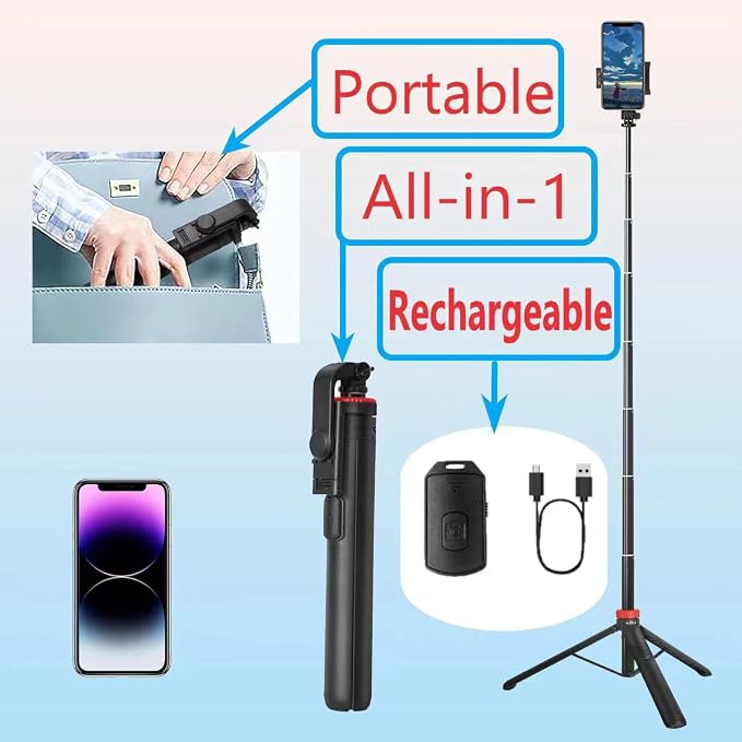 66" Tripod for iPhone & Camera, Portable Phone Tripod with Rechargeable Remote Control and Rotate Phone Stand, Selfie Stick for iPhone/Gopro and Cameras (red, 66 in) - Image 3
