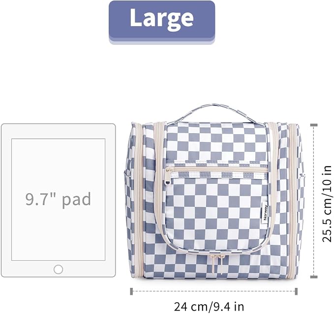 Narwey Checkered Hanging Travel Toiletry Bag for Women, Travel Bag for Toiletries, Makeup Bag Organizer Cosmetic Bags Make Up Bags for Women (Grayish Blue Checkerboard) - Image 7