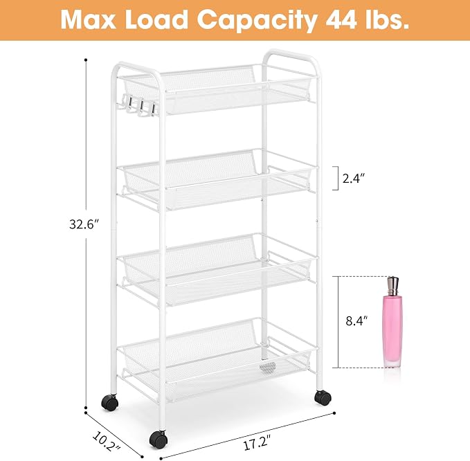TOOLF 4 Tier Rolling Cart, Metal Utility Storage Cart with Wheels, White | 3 Hooks, Screwless Assembly, Trolley Organizer for Bathroom, Kitchen, Office, Nursery, Dorm, Laundry Room - Image 6