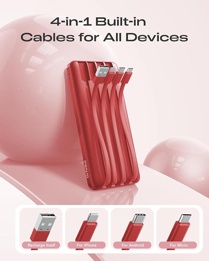 Orfeika 20000mAh Power Bank, Portable Charger with 4 Built-in Cables | 20W PD USB C Fast Charging,6 Outputs,LED Display,Flight-Safe,Travel Essentials Battery Pack for iPhone, Galaxy, iPad & More - Image 3