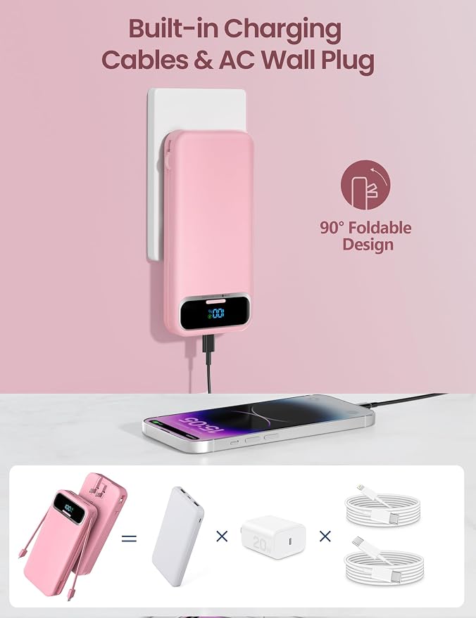aonidi Portable Charger 12000mAh with Built-in Cables&AC Wall Plug, Pink | PD20W USB C Fast Charging,LED Display External Travel Power Bank,TSA approved Battery Pack for All iPhone,Samsung,Android - Image 4