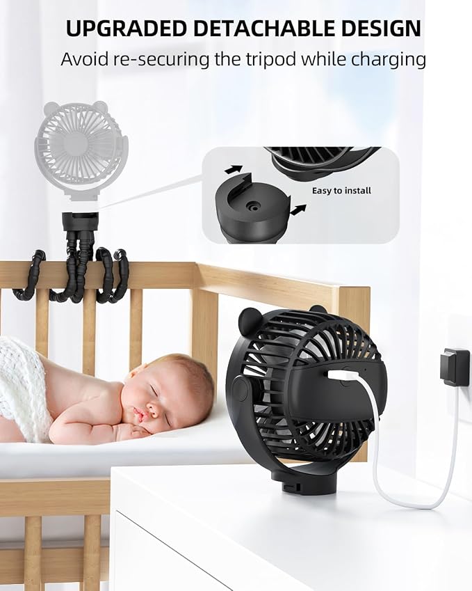buywoo Portable Stroller Mini Fan, Small Rechargeable Personal Cooler w/ 360° Rotation, Baby Essentials for Car Seat, Crib, Bike, Treadmill, 3-Speed Battery Powered Stroller Accessories, Coal - Image 4