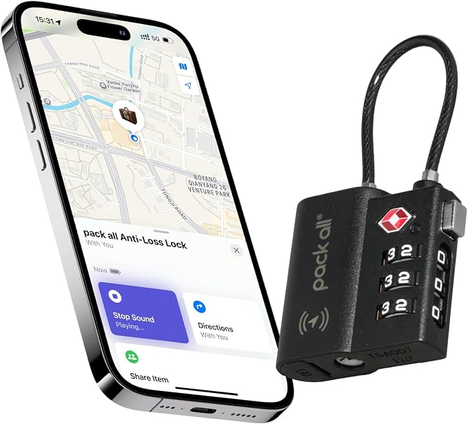 pack all Anti-Lost Tracking Luggage Lock, Smart TSA-Approved Cable Lock | Compatible Only with iOS, USB-C Rechargeable, Resettable 3-Digit Code, Clear Number Dials, Flexible Cable, 1 Pack by packall