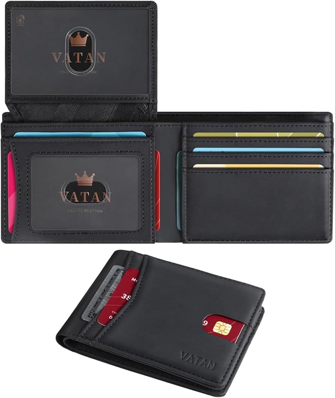 VATAN Wallet for Men Slim RFID Blocking Leather Credit Card Holder Wallet for 15 Cards, Bifold Minimalist Thin Wallet with 2 ID Windows & Cash Slot, With Gift Box (Crazy Horse Black) by VATAN