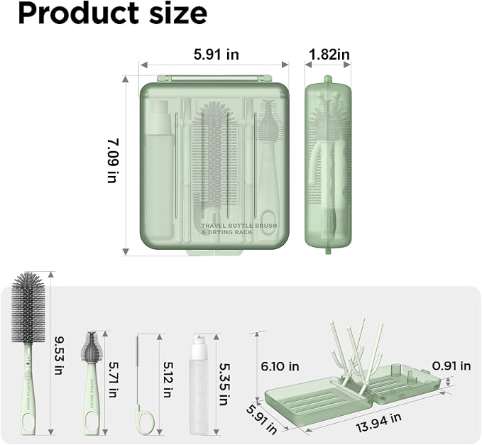 Travel Bottle Brush Set, Foldable Drying Rack, Dispenser | For On-The-Go Parents, 3 Silicone Brushes, Foldable Rack, Dispenser. Drying Slots, BPA-Free. - Image 8