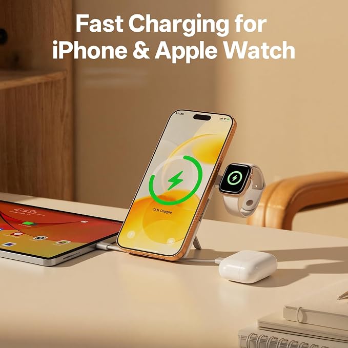 Q Magnetic Wireless Portable Charger 10,000mAh, Travel Essentials Power Bank with Built-in Cables & Foldable Stand, External Battery Pack Compatible with iPhone 17/16/15/14/13/12, Apple Watch - Image 2