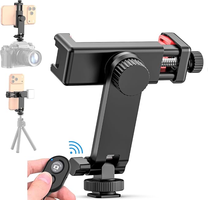 Ruittos Phone Tripod Mount with Remote Controller, New Universal Smartphone Mount Adapter with Cold Shoe, 360° Rotates Cell Phone Clip Clamp Holder, Compatible with iPhone, Samsung and All Phones - Image 2