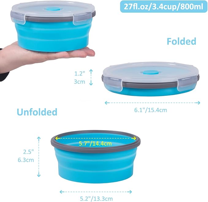 Collapsible Food Storage Containers with Airtight Lid, 27 oz, Kitchen Stacking Silicone Collapsible Meal Prep Container Set for Leftover, Microwave Freezer Dishwasher Safe, 4 Colors Round, Set of 4 - Image 5