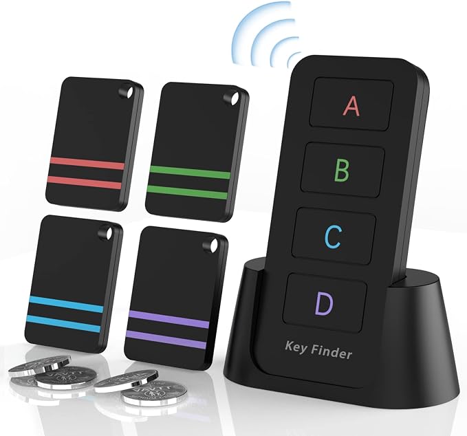 Remote Control Finder, Pack of 4 Find My Keys Device | Stick on Remote Finder, Tracker Tags for Car Keys and Phones | 120Ft Range 80dB RF Key Locator, Lost Key Finders That Make Noise by Jegoteer