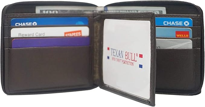 RFID Men's Leather Zipper wallet Zip Around Wallet Bifold Multi Card Holder (Brown) - Image 2