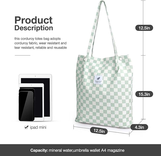 LHMTQVK Corduroy Tote Bags for Women, Large Capacity Tote Purse Reusable Grocery Shoulder Bag with Inner Pockets - Image 3