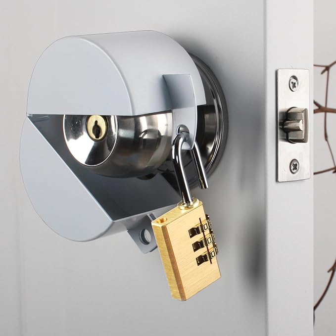 Door Knob with Lock,Without Drilling,Dementia Door Handle Lock，from Outside Prevents Turning of Door Knob and Access to Keyhole,for Apartment Evictions，Childproof (White with Padlock) by TEMEILI