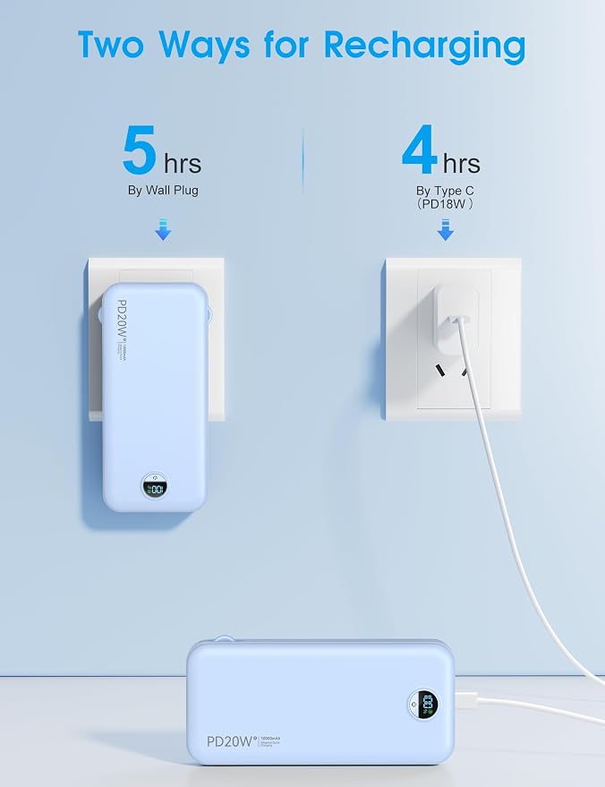 citicr Portable Charger 10000mAh PD20W w/Built-in Cables & Wall Plug Blue | Fast charging, Built-in wall plug, LED display, Charge 5 devices at once, Pass through charging, TSA approved, Pocket size - Image 8