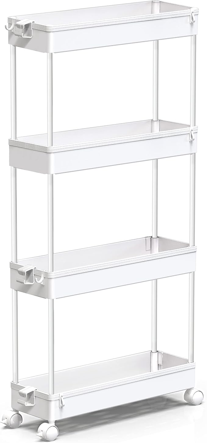 SPACEKEEPER Slim Rolling Storage Cart, 4 Tier Bathroom Cart Organizer,White | Narrow Rolling Cart with Wheels for Kitchen Office Bathroom Laundry Room,Mobile Utility Cart for Craft Art Makeup Nail Polish by SPACEKEEPER