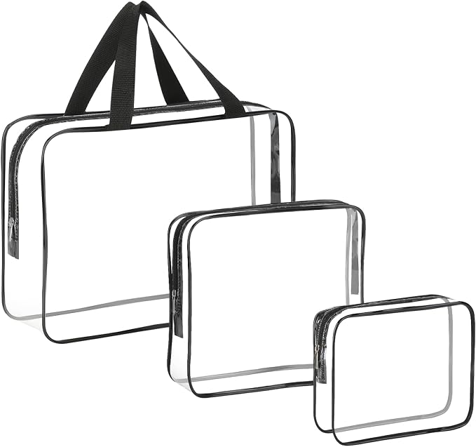 HAOGUAGUA 3 Pieces Large Clear Travel Bags for Toiletries, Waterproof Clear Plastic Cosmetic Makeup Bags, Transparent Packing Organizer Storage Bags (Black) by HAOGUAGUA