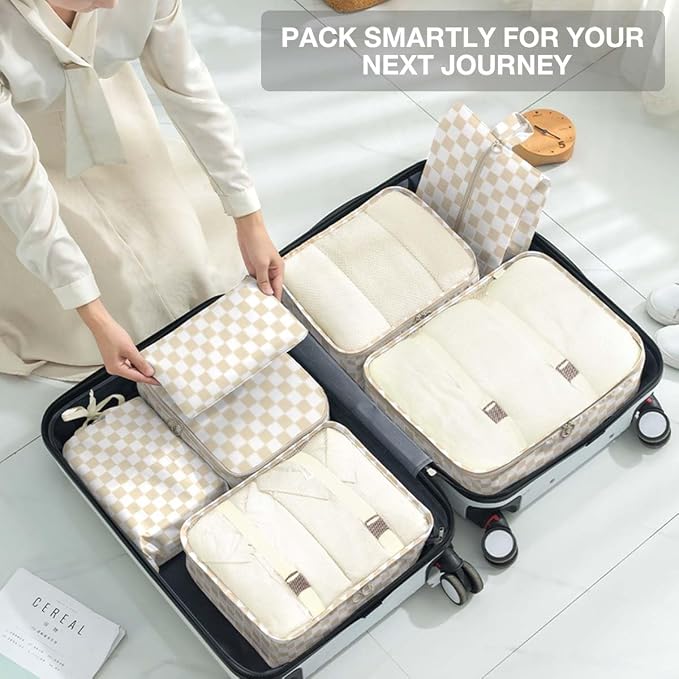 8 Set Packing Cubes for Suitcases,Packing Cube with Shoe, Cosmetics, Clothing, and Accessories Bags Packing Cubes for Travel Luggage Organizer Women Men(Khaki Checkered) - Image 7
