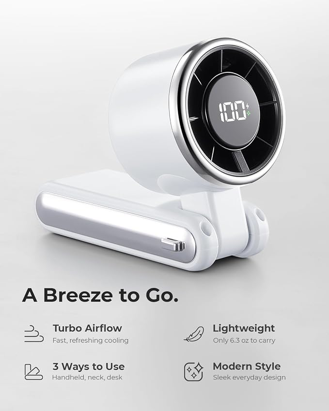 Portable Handheld Turbo Fan - 5 Gear High Speed 4000mAh Rechargeable Mini Personal Hand Fan Blow Cold Air, Battery Operated Travel Essentials, Beach Vacation, Gifts for Women, Men (White) - Image 2