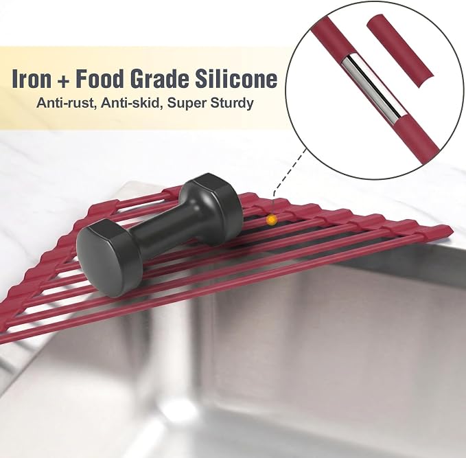 Tomorotec Roll Up Dish Drying Rack with Silicone Coating, Wine Red | 304 Stainless Steel with BPA-Free Silicone, Triangle Design Maximizes Sink Corner Space, Fits Compact Kitchens And RVs - Image 3