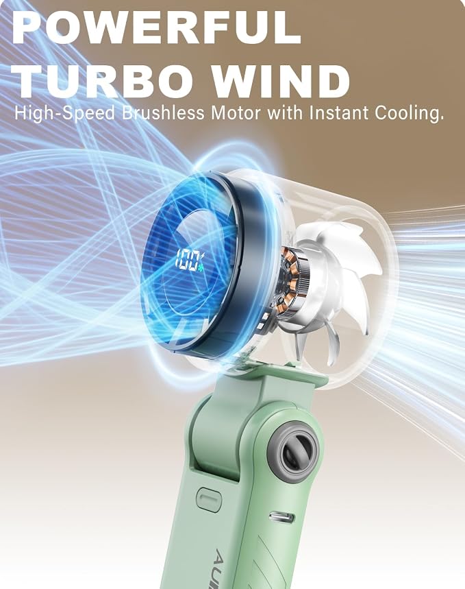 Portable Handheld Turbo Fan - 5 Speed Mini Personal Fan with Strong Airflow, Foldable 3 in 1 Rechargeable Battery Operated Trave Essentials Hand Fans for Indoor/Outdoor Use, Green - Image 6