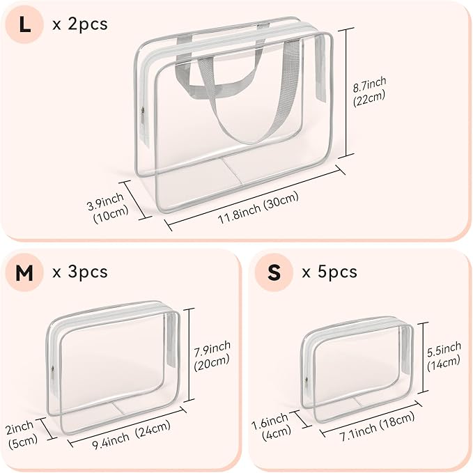 TISRATOK 10 PCS Clear Travel Bags for Toiletries, Clear Makeup Bags（Grey） | 3 Size plastic clear bags with zipper handbag, TSA approved cosmetic pouch for travel, swimsuit,toy storage bags - Image 2