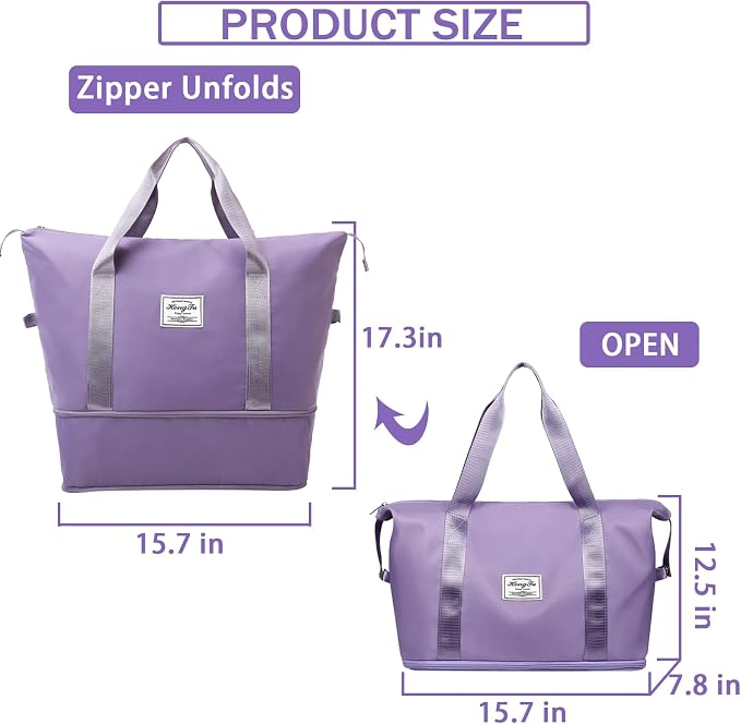INVODA Travel Duffel Bag For Women and Men Waterproof Expandable Weekender Overnight Carry On Tote Bag Dry Wet Separation Swim Sports Travel Gym Bag (Purple) - Image 2