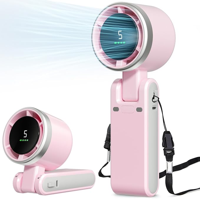 Portable Fan, Mini Fan, Handheld Turbo Fan, Portable Rechargeable Fan, 5-Speed, LED Display, Foldable Design (Pink) by Unknown
