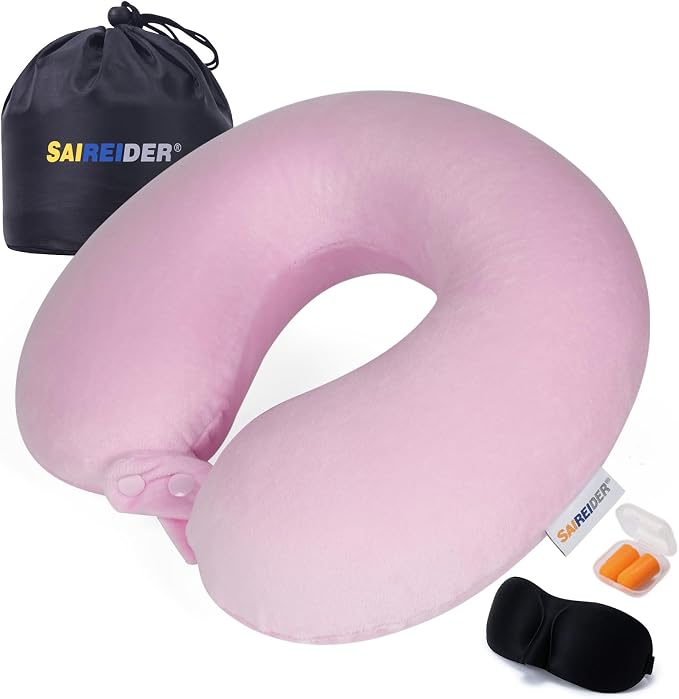 SAIREIDER Travel Neck Pillow 100% Memory Foam, Airplane Rest Prevents Head from Falling Forward, Plane Accessories with Storage Bag, Sleep Mask and Earplugs (Pink) by SAIREIDER