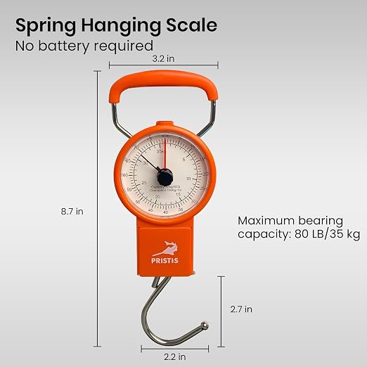 Pristis Fishing Hanging Scale with Tape Measure for Farm Kitchen Luggage | 80 LBs Fish Weight Analog Spring Hook Crane Scale Kit with Non-slip Large Handle, Portable Gear Equipment Weighting Accessory - Image 4