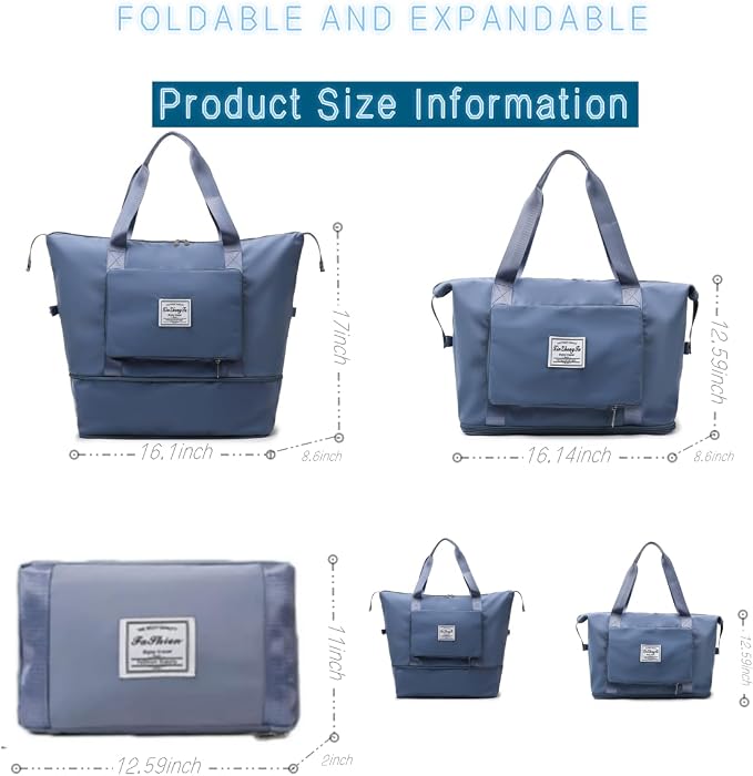 Large Capacity Foldable Travel Bag, Expandable lightweight Carry on Bag, Dry with Wet Separation Spor Duffel Bags (Blue) - Image 2