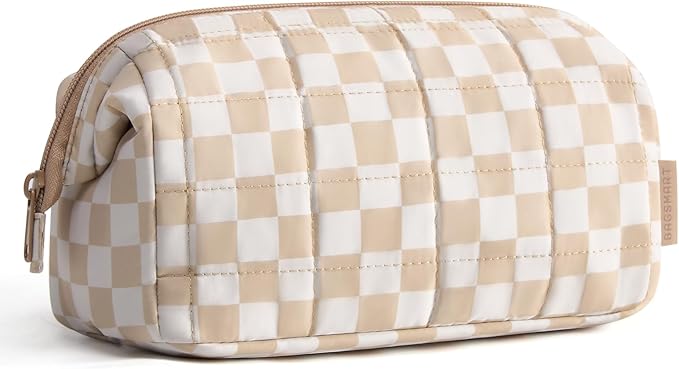 BAGSMART Makeup Bag Travel Toiletry Bag, Zipper Pouch, Checkered Khaki | Wide-open, Puffy Padded, Travel Essentials, Make Up Bag, For Women, Makeup Organizer, Toiletries Accessories Brushes by BAGSMART