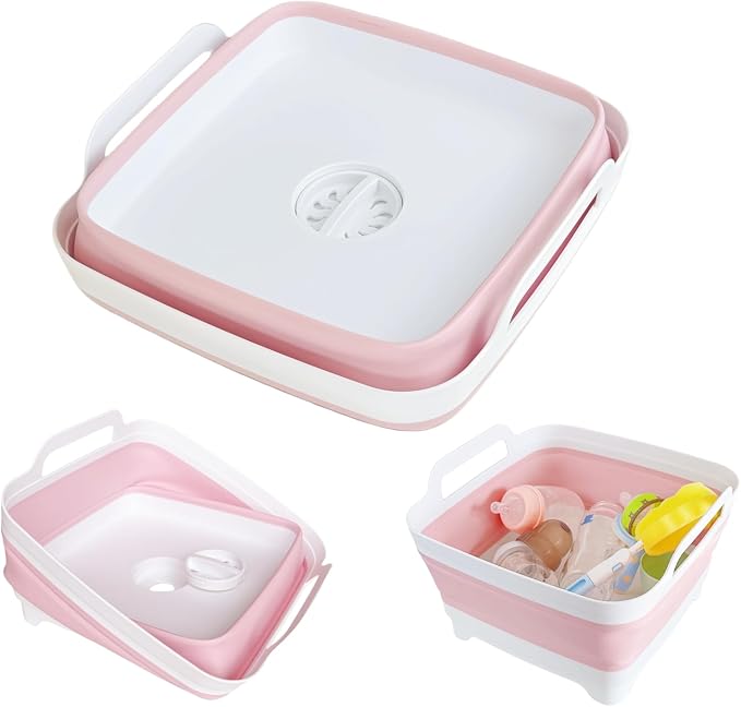 Collapsible Wash Basin with Drain Plug - 2.4 Gallon Foldable Kitchen Sink for Baby Bottles, RV Camping, Space-Saving Dish Tub (Gray-Pink) - Image 8