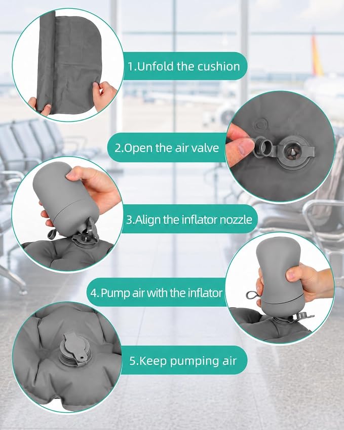 Abaodam Airplane Seat Cushion with Air Pump Bottle for Adult Office Workers | Travel Seat Cushion for Airplane No Mouth Blowing Compact Inflatable Seat Pads Long Flights Stadium Bleacher 40D Nylon TPU - Image 3