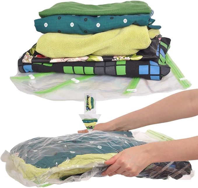 8 Travel Space Saver Bags - No Vacuum or Pump - for Clothes - Reusable - Luggage Compression - Set of 4 L and 4 M Sacks - Transparent by The+Chestnut