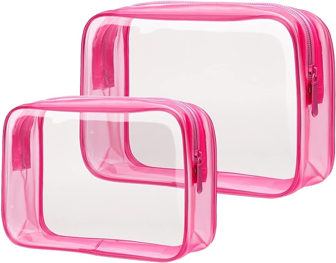 Clear Makeup Bag for Travel - TSA Approved Toiletry Bag, 2 Rose Red | 1 Medium Quart Carry-On & 1 Large Checked-Luggage, Reinforced Seams, Water-resistant, Clear Easy-Check for Airport, Women by Packism