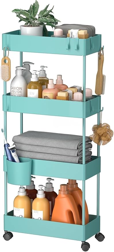 Pipishell 4 Tier Slim Storage Cart with Wheels, Laundry Cart, Turquoise | 7.1 Inches Wide – Fits Narrow Spaces, Storage Cup and 6 Hooks, Ventilation Holes, Durable ABS Material, Detachable Wheels by Pipishell