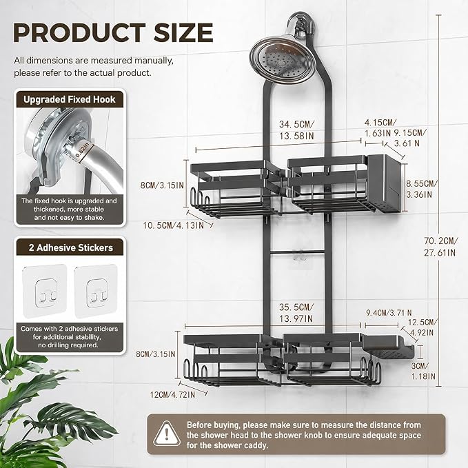 Shower Caddy Hanging Overhead, Adjustable Organizer, Black | Rustproof Bathroom Shelf Fits Handheld & Fixed Shower Heads, 12 Hooks, Soap & Toothbrush Holder, No-Drill Installation - Image 2