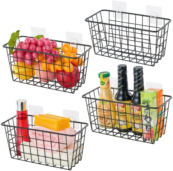 JUNCHU CHERRY 4 Pack Hanging Sorage Basket, Bathroom Basket, Household Goods, with Traceless Tape, no Drilling, for Cabinet Storage, Kitchen, Bathroom, Storage Room,Black by JUNCHUCHERRY