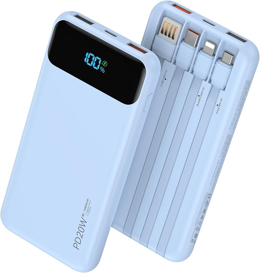 Nusyddy Portable Charger 10000mAh 22.5W w/4 Built-in Cables/6 Outputs Blue | 22.5W Fast Charging, LED Display, Pass Through Charging, Charge 6 Devices at once, TSA Approved, Fits iPhone, iPad, Samsung by NUSYDDY