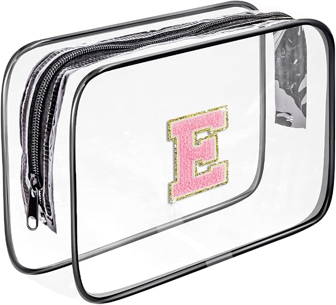 Clear Toiletry Bag,Portable Travel Toiletry Bag,Chenille Letter Cosmetic Bag with Zipper,Waterproof Makeup Bag,Cosmetic Storage Organizer for Women Men,Travel Essentials (Black,E) by Fodofodo