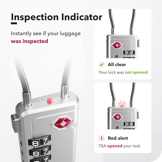TSA Approved Luggage Locks, Travel Locks with Inspection Indicator | TSA008, Easy to Read Dials, 4 Digit Combination, Flexible Steel Cable, for Suitcases, Backpacks, Bags, 2-Pack, Silver - Image 5